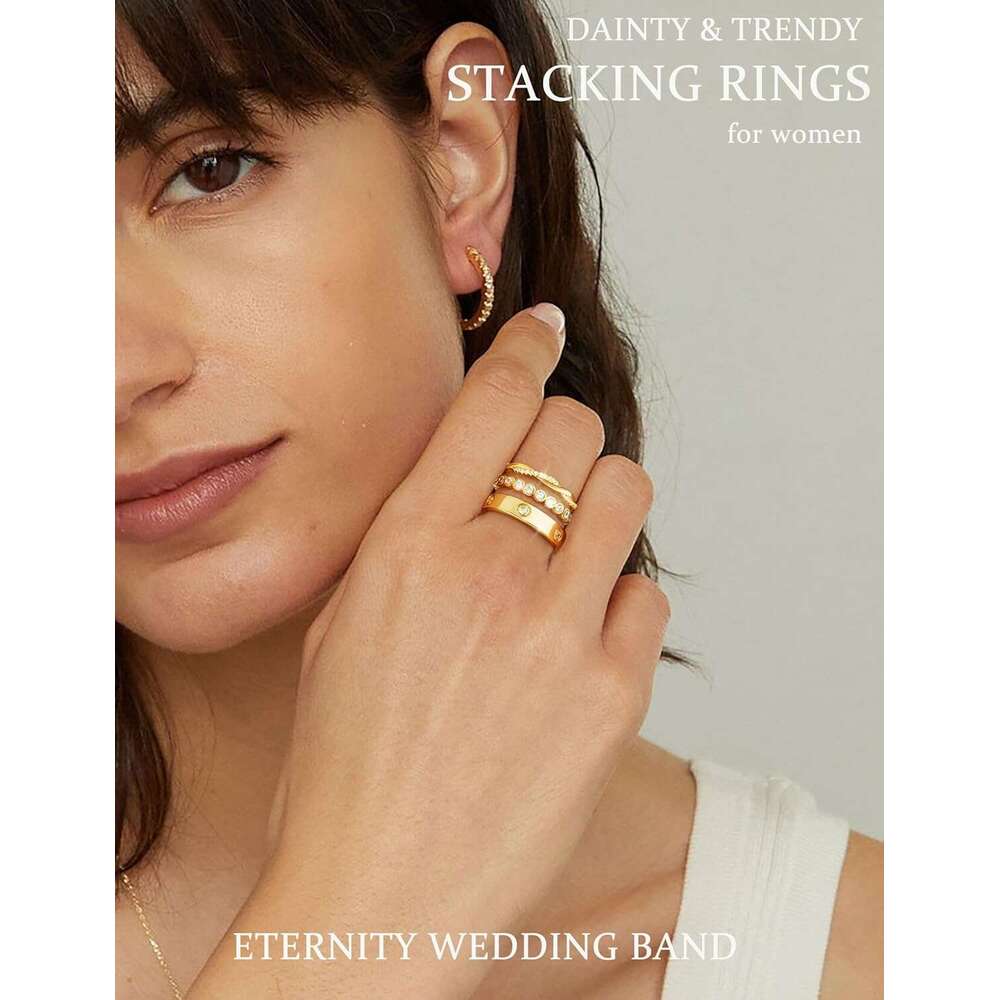 Stackable Rings Non Tarnish Dainty 14K Gold/Silver Plated Stacking Thumb Cubic Zirconia Eternity Wedding Band Rings Gold Jewelry Size 6-10 for Women