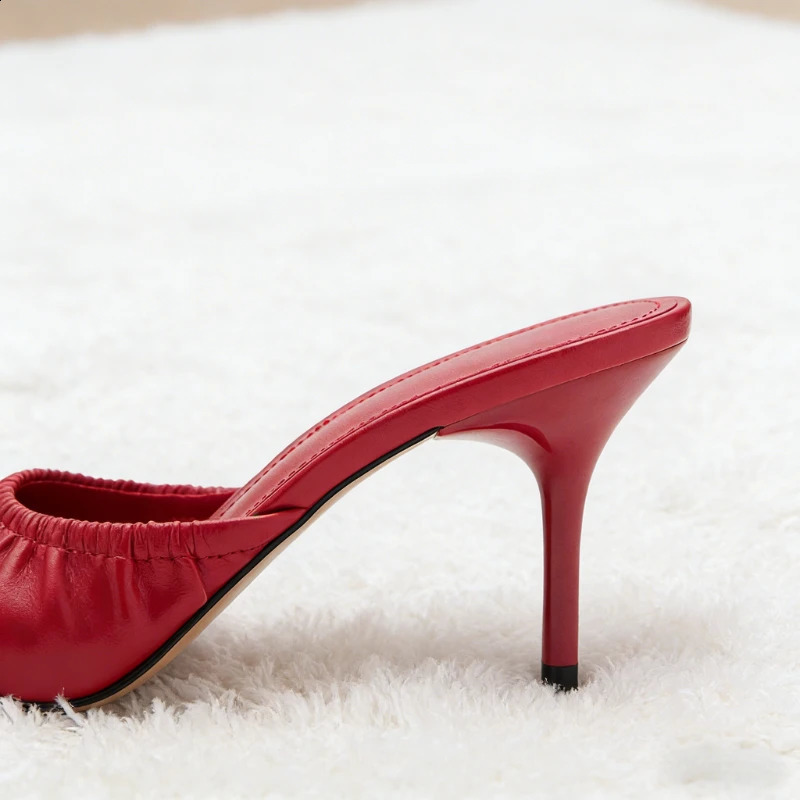 Sweet Red Bow Decorate Heel Sandals Women Novelty Pleated n Stiletto Slide Sandals Summer Sexy Open-toe Evening Dress Shoes 260323