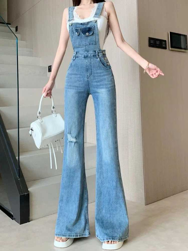 Retro ripped denim cowboy overalls women in summer slimming design versatile commuting casual and fashionable pants M260323