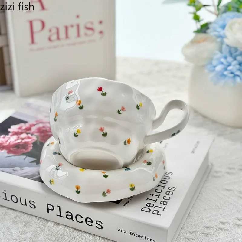 Irregular Ceramic Coffee Cups and Plates Flower Patterned Water Cup Afternoon Tea Mug Breakfast Cup Milk Mug Milk Tea Cups H260323