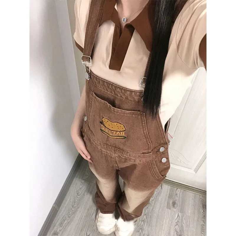 American Vintage Brown Denim Suspender Pants Women Hamburg Embroidery Loose Straight Overalls Fashion Trend Jumpsuit M260323