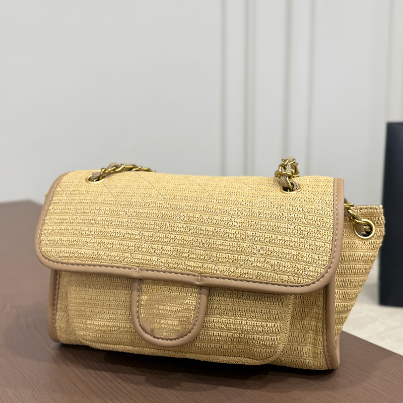 26C Lady Designer Raffia Straw Weave CF Shoulder Bag With Gold Matelasse Chain Shoulder Handbag Classic Flap Turn Lock Multi Pocket Women Beach Purse 28x16cm