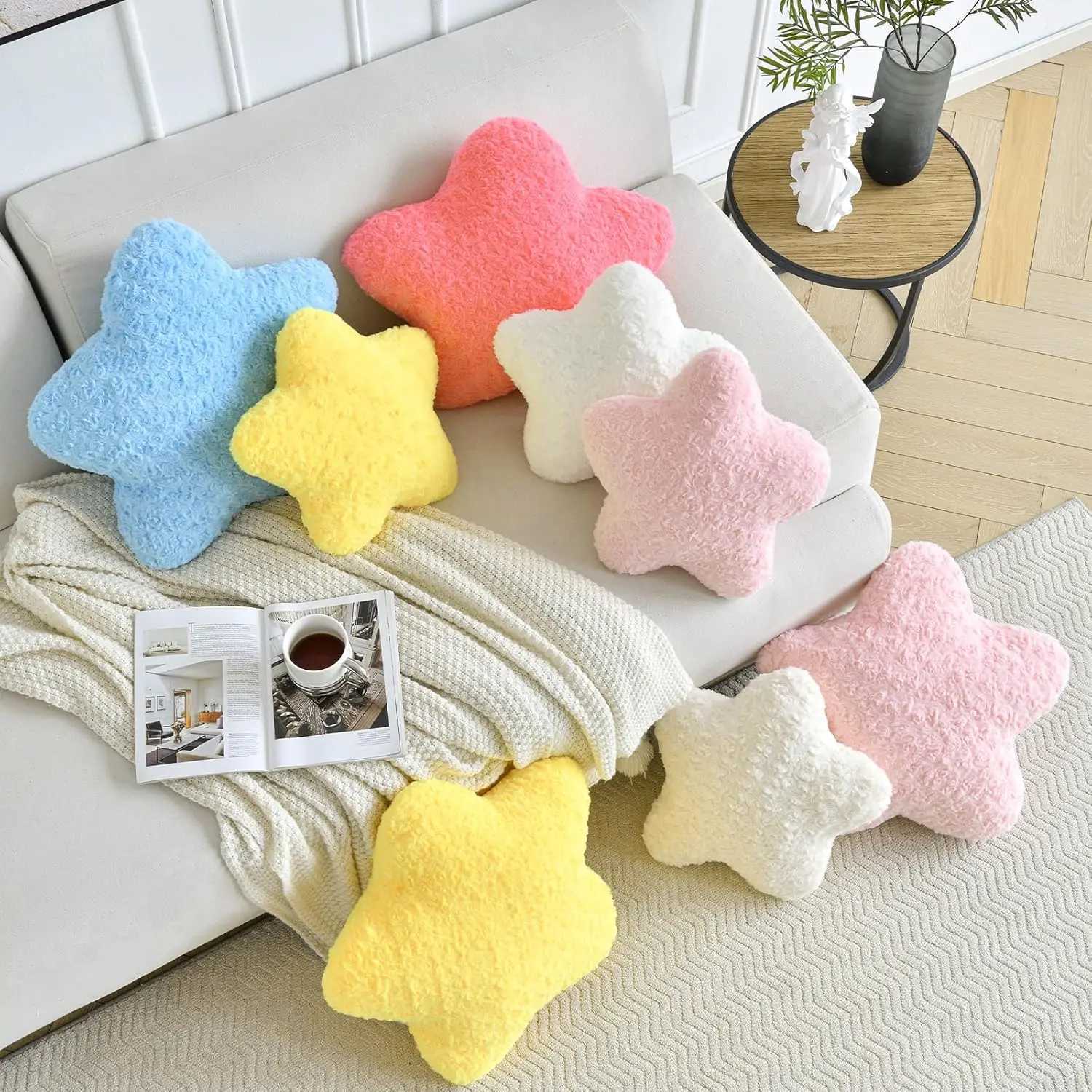 149 Star Shaped Plush Pillow Soft Faux Fur Decorative Throw for Couch Bed Sofa in White H260323
