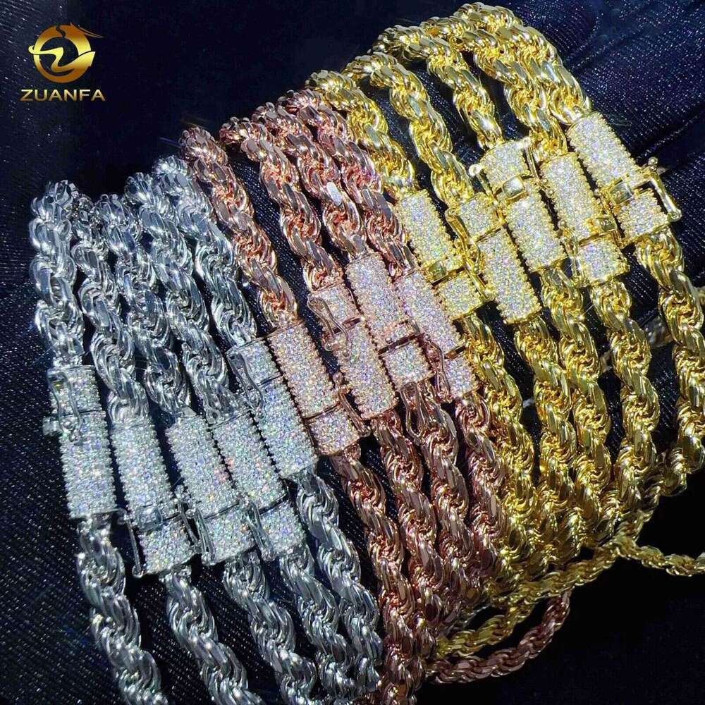 Fashion hip hop 6mm 925 Sterling Silver necklace with moissanite clasp Iced out Rope Chains for men women