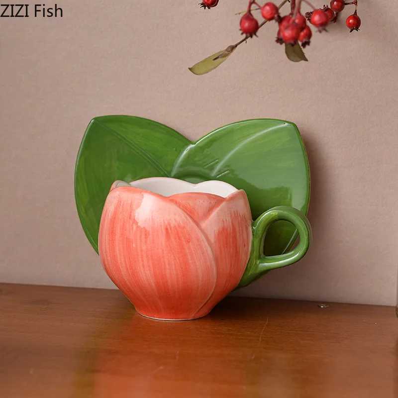 Tulip Flower Shaped Cupsaucer Dining Table Coffee Mug Delicate Porcelain Mugs Afternoon Tea Teacup Fruit Juice Container H260323
