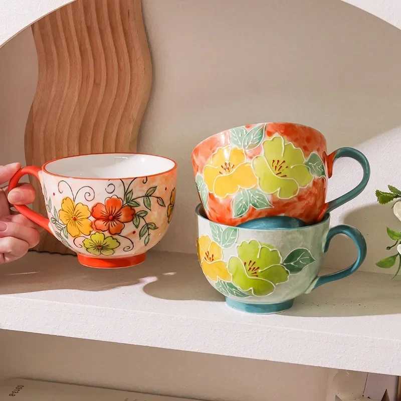 500ML Ceramic Coffee Mugs Large Capacity Hand-painted Relief Breakfast Cup Milk Oat Flower Tea Cups Creative Drinking Water Mug H260323