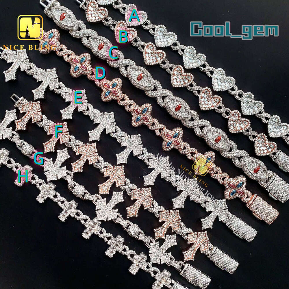 Ready Stocks New Styles Cross Heart Flower Clover Fancy Moissanite Bracelet Iced Out Cuban Link Chain Bracelet