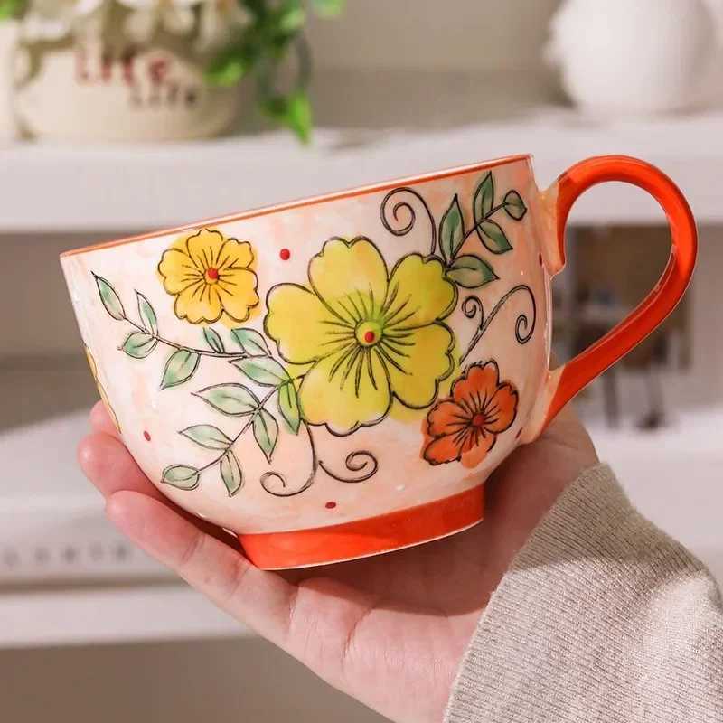 500ML Ceramic Coffee Mugs Large Capacity Hand-painted Relief Breakfast Cup Milk Oat Flower Tea Cups Creative Drinking Water Mug H260323