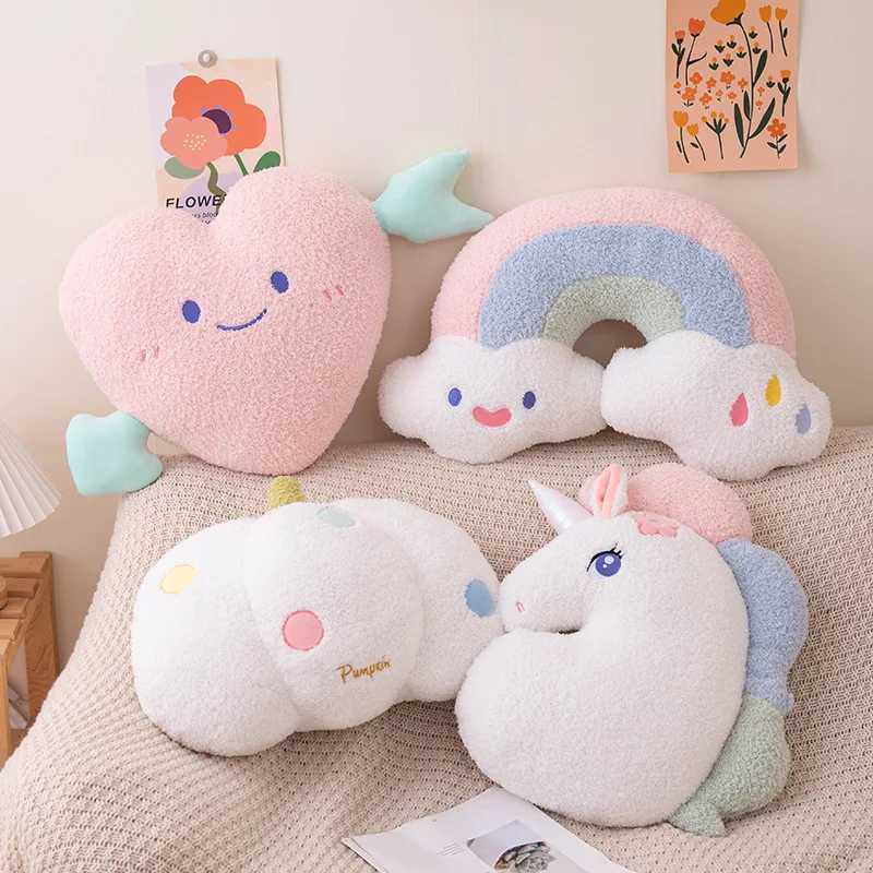Instagrammable Minimalist Cushion - Smiley Face Rainbow Cloud Heart Unicorn Design Plush Pillow for Sofa Bed or Window Sea H260323