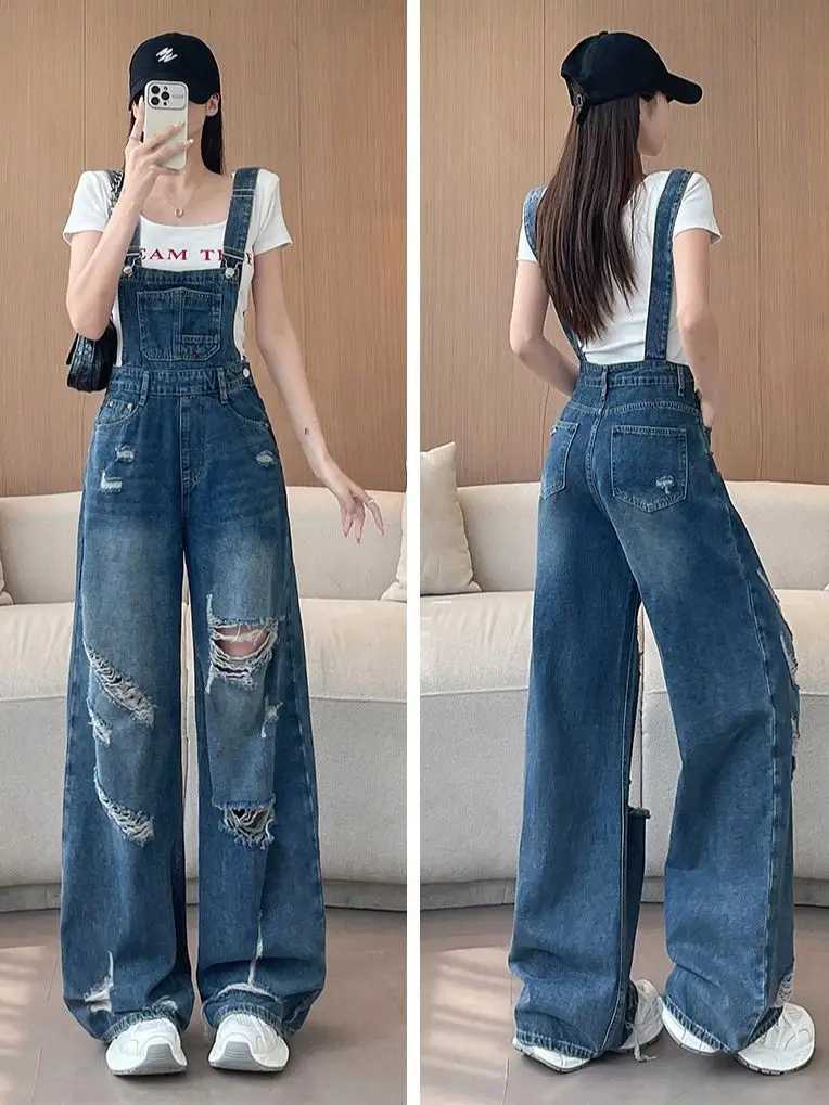 Blue Denim Jumpsuits For Women Spring Summer Suspender Strap Hole Ripped Wide Leg Overall Loose Casual Jeans Street Wear M260323