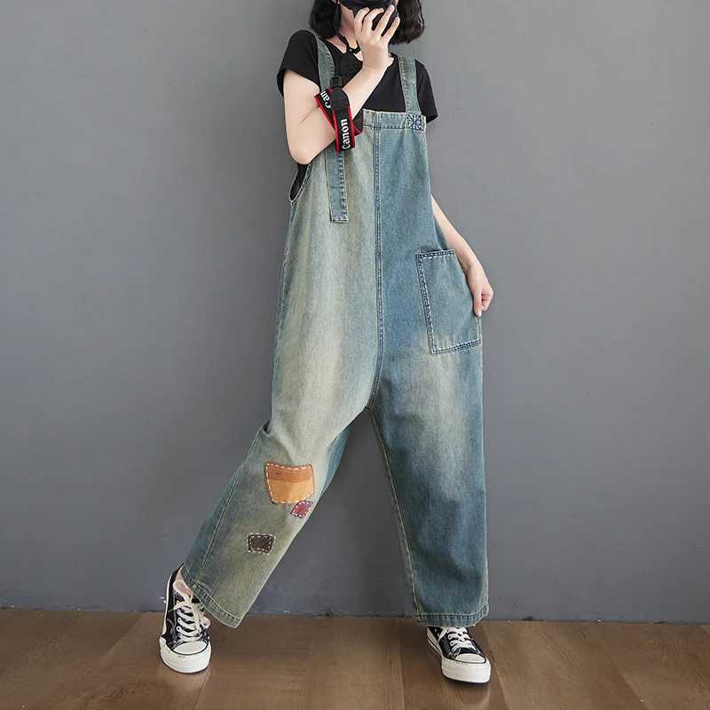 Vintage Contrasting Denim Overalls Spring Summer Women Patch Casual Loose Wide Leg Jumpsuit Female Jean Romper M260323