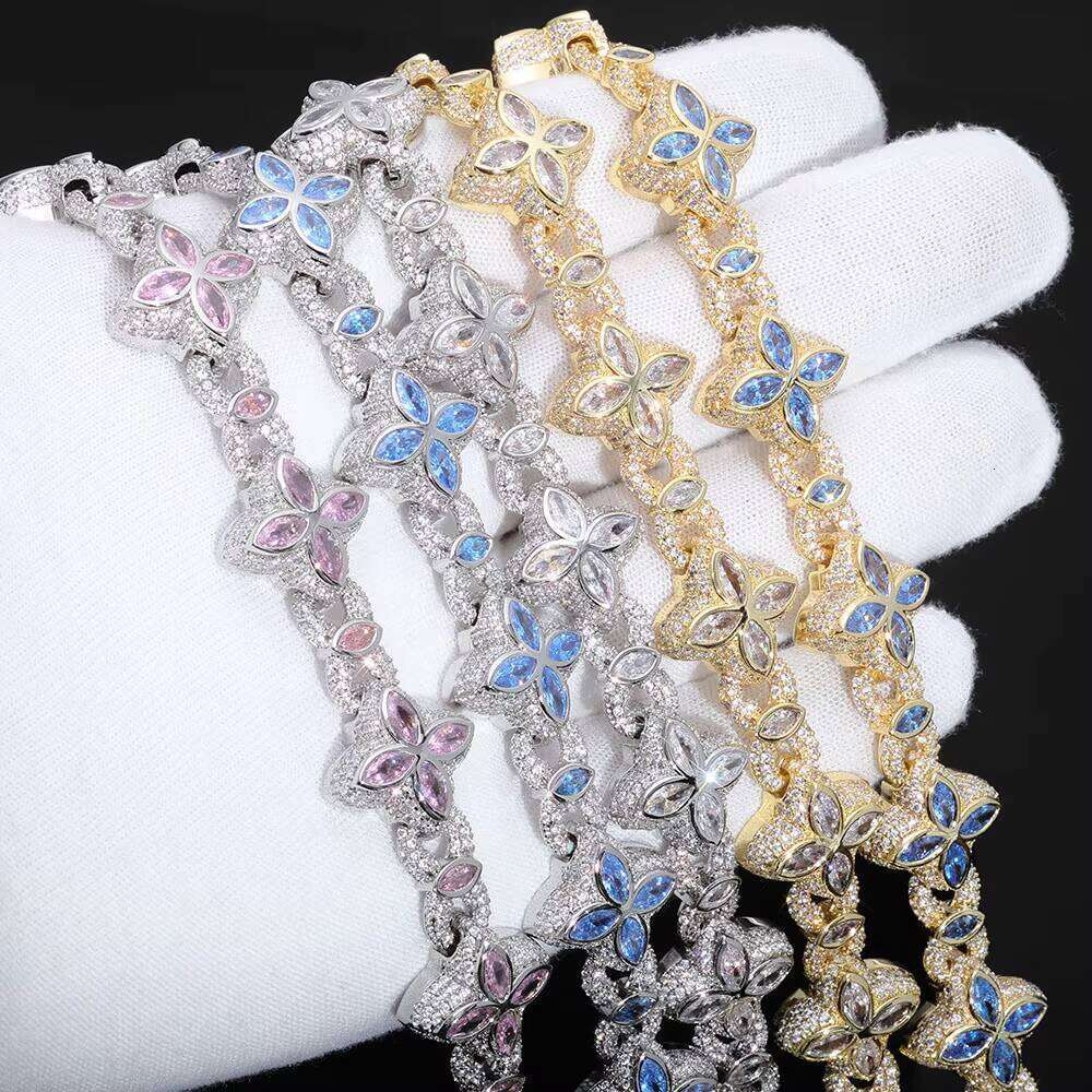 NUOYA Fine Jewelry Silver Plated Link Colorful Eye Moissanite Iced Out Diamond Four Leaf Clover Cuban Chain Bracelet Bracelet