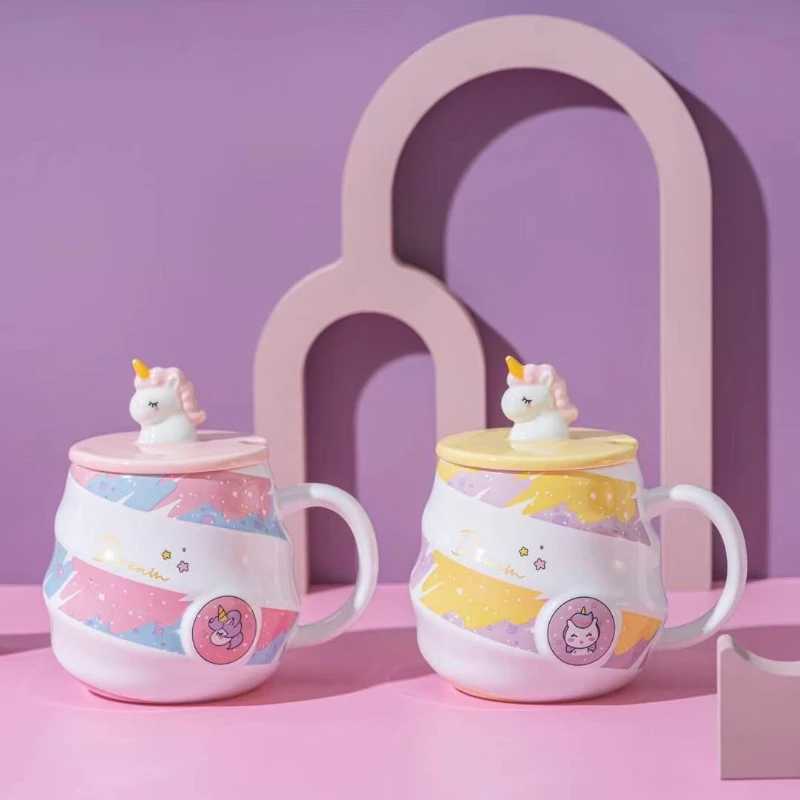 JUSTINLAU 480ML Unicorn Rainbow Spiral Ceramic Coffee Cup with Spoon Home Milk Cup Juice Cup Creative Birthday Gift Tea Cup Set D260323