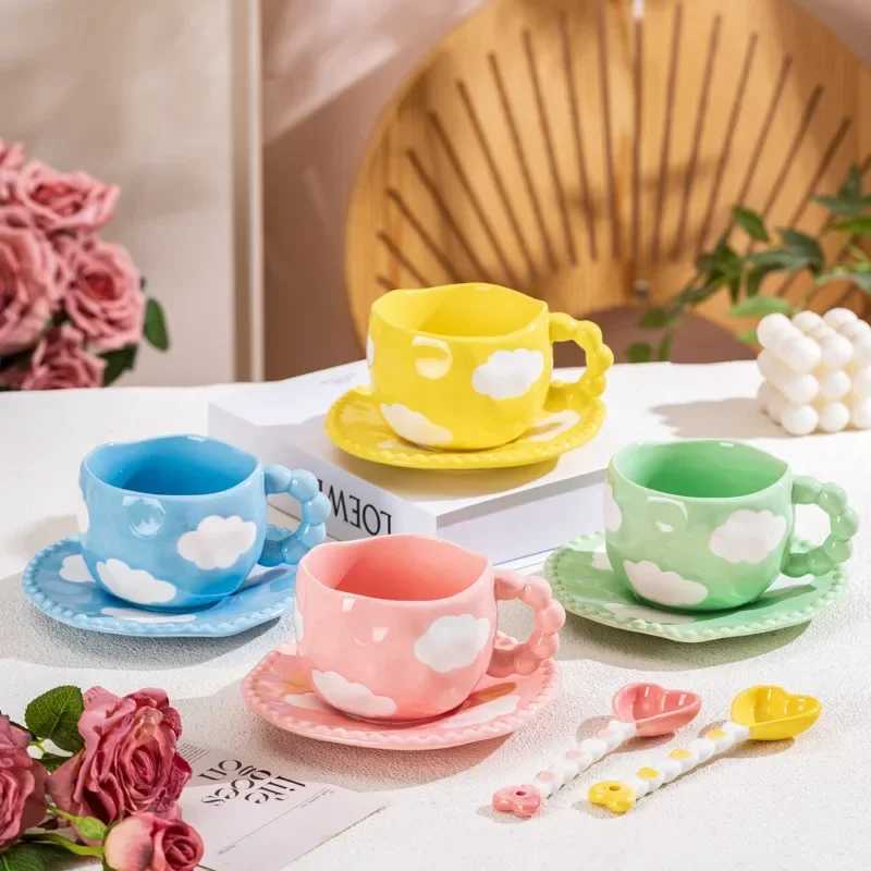 1Set Asymmetrical Hand-Kneaded Flower Coffee Cup and Saucer Niche Design Bow Coffee Cup and Saucer Exquisite High-End Coffee Cup H260323