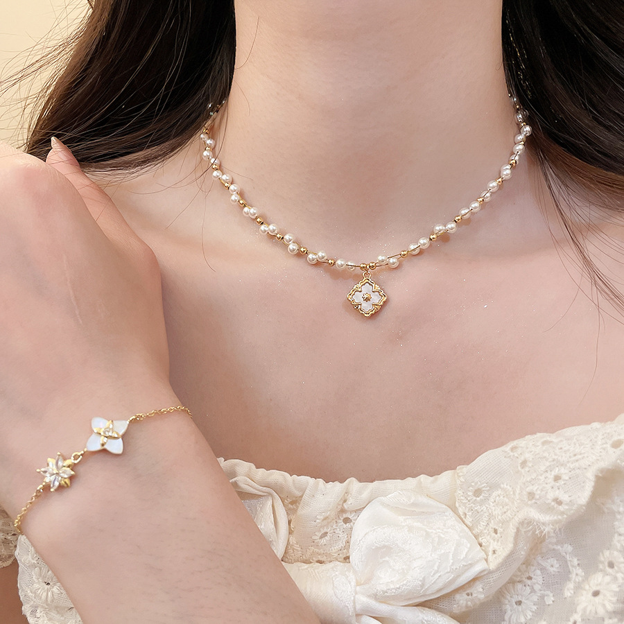 French-style zircon flower pearl earrings, bracelet, necklace, exquisite and elegant niche jewelry set, light luxury accessories - view 5