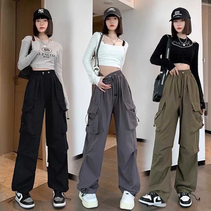 New Summer American Style Cargo Pants Designer Pants High Street Wide-leg Casual Pants For Women Vintage High-waisted Drawstring Versatile Long Pants