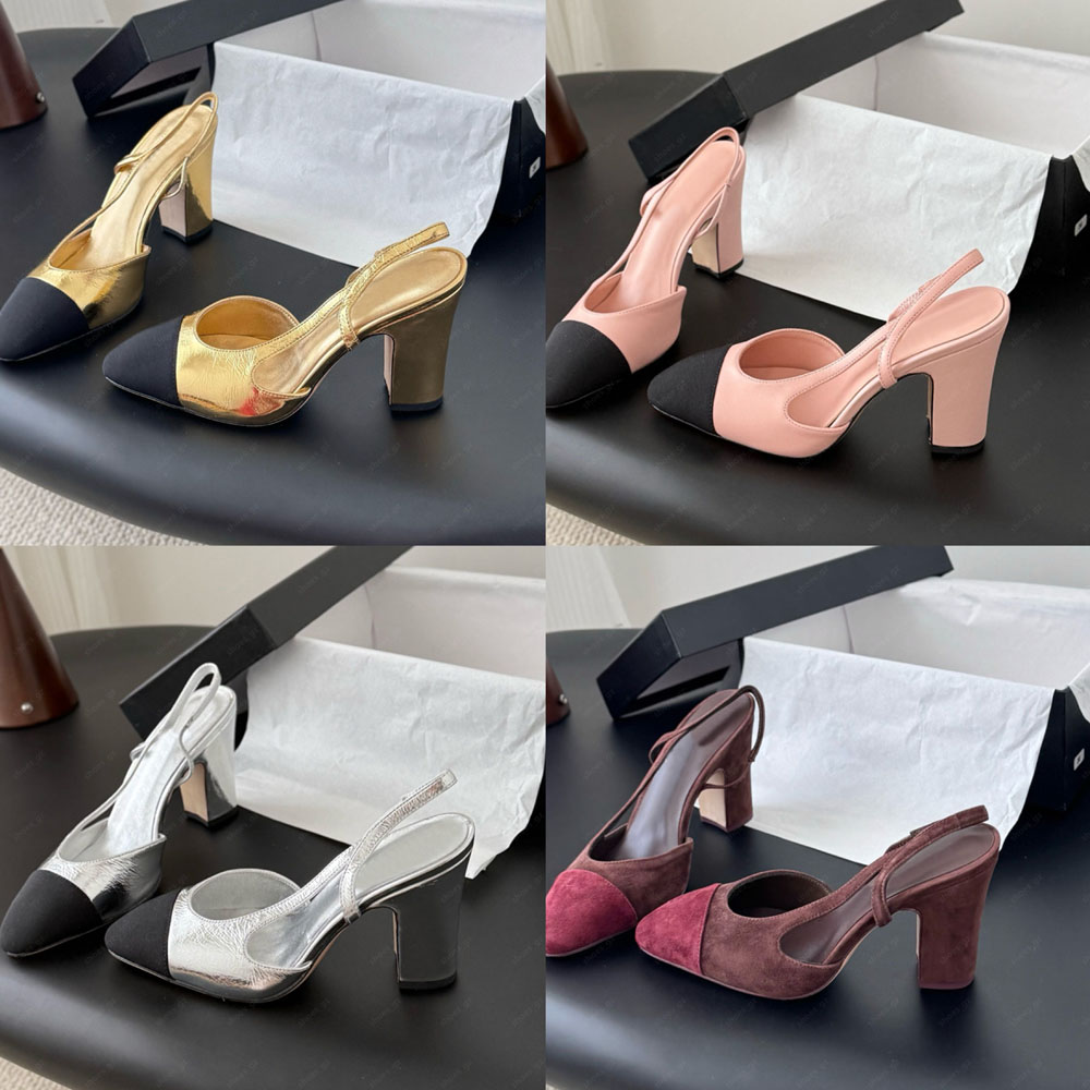 Classic Slingback Sandals Dress shoes 9cm chunky block Heels Round toe Women's luxury designers wedding Evening shoes Customizable 6.5cm heel Size 35-43 Bring box
