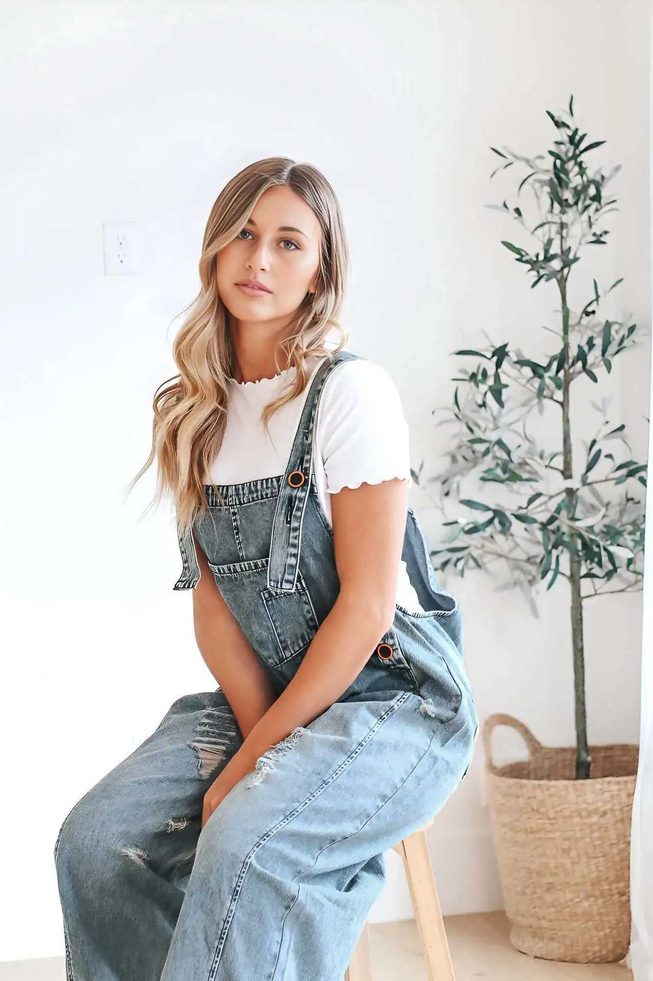 Womens Vintage Distressed Denim Overalls - Retro Wide-Leg Jumpsuit with Adjustable Straps-Fashion Boho Oversized Jean Dungarees M260323