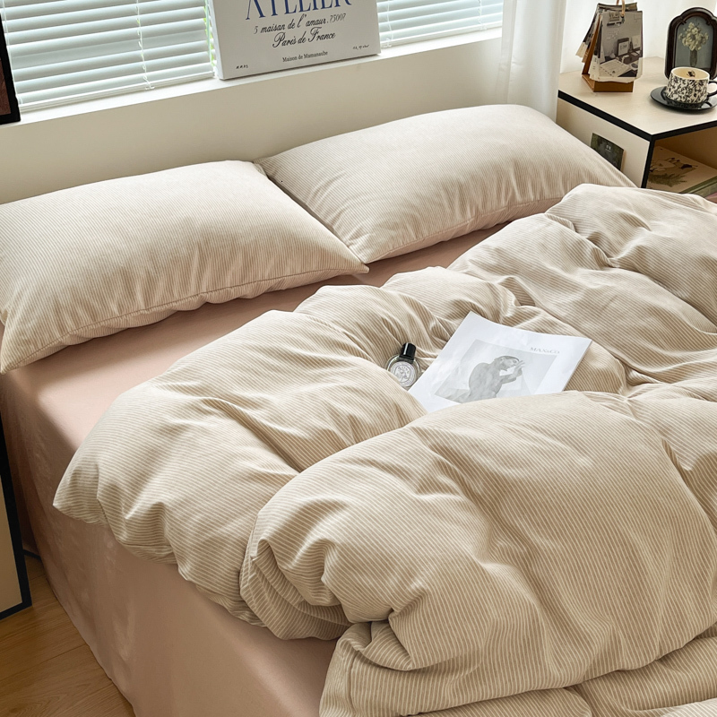 Minimalist Pure Bedding Four-Piece All-Cotton Blogger's Same Style Striped Washed Cotton Duvet Cover Student Three-Piece Set