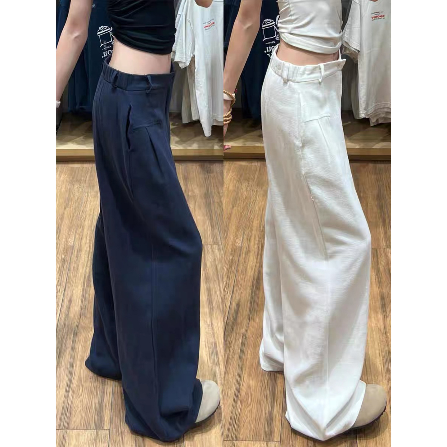 Navy Blue Linen Wide-leg Pants For Women Summer Designer Pants Thin Straight Loose Draped Old Money Style Ice Silk Cotton Linen Suit Pants