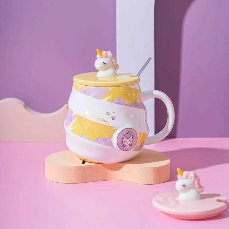 JUSTINLAU 480ML Unicorn Rainbow Spiral Ceramic Coffee Cup with Spoon Home Milk Cup Juice Cup Creative Birthday Gift Tea Cup Set D260323