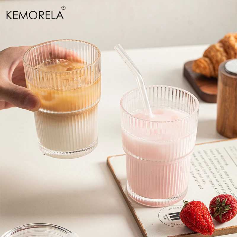 1/2PCS 450ml Stripe Glass Cup Whiskey Glass Transparent Glasses With Lid and Straw Ice Coffee Mug Juice Glass Milk BeerDrinkware D260323