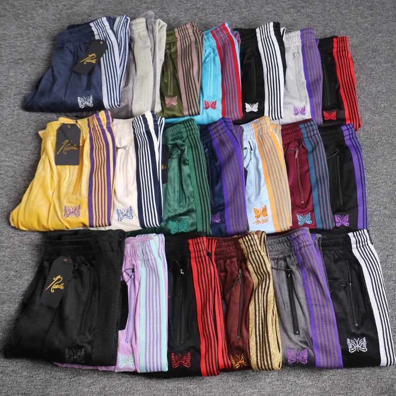 Needles Men's Pants High Quality Unisex Velvet Loose Straight Long Pants Oversized Navy Blue Wide Loose jorts Casual Embroidered AWGE baggy sweat