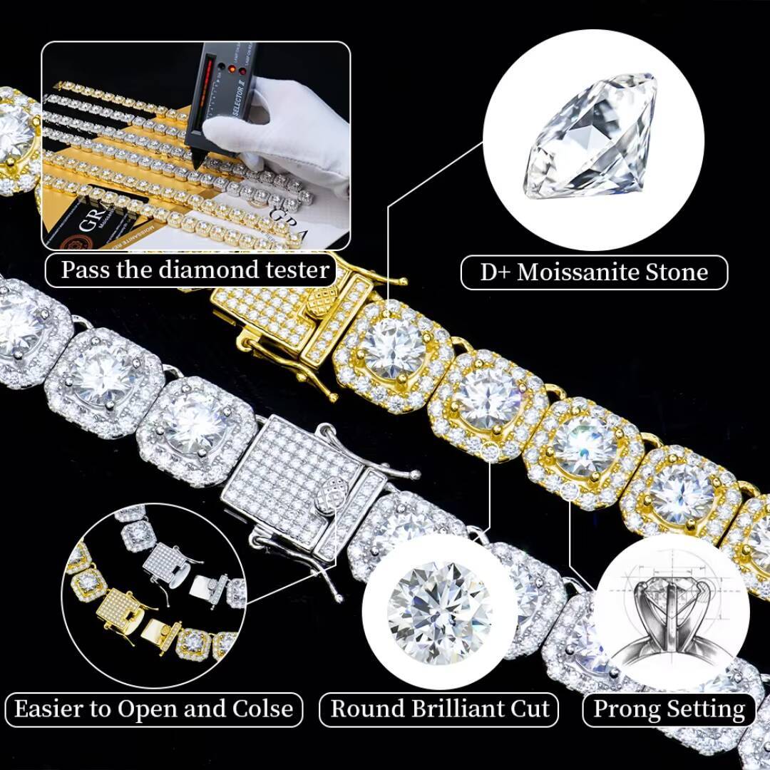 Hip Hop Moissanite Clustered Tennis Bracelet Yellow / White Gold Plated Square Clustered Cuban Chain Bracelet Bangle 925 Silver