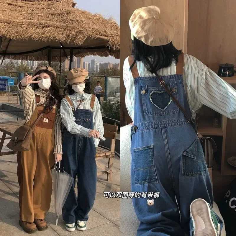 Vintage Kawaii Denim Jumpsuit Overalls Women College Style Girls Brown Blue Loose Casual Wide Leg Pants Jeans All Match Trousers M260323