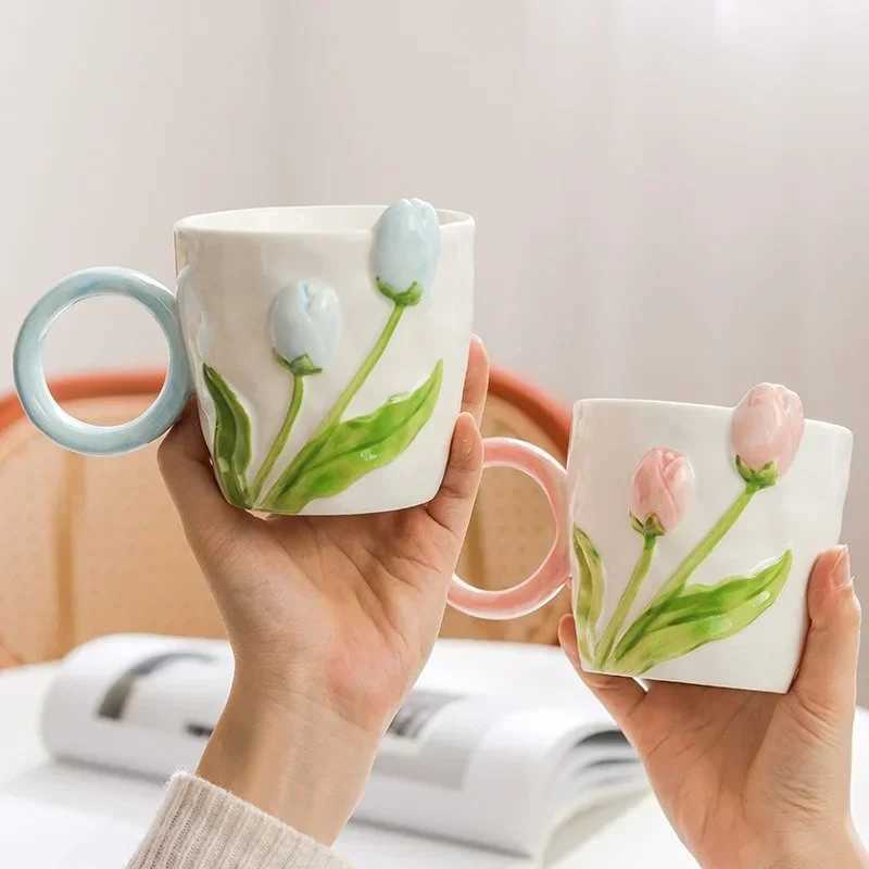 500ml 3D Tulip Pattern Ceramics Mug with Spoon Hand Carved Comfortable handle Coffee Cup Breakfast Milk oatmeal cup Girl Gift D260323