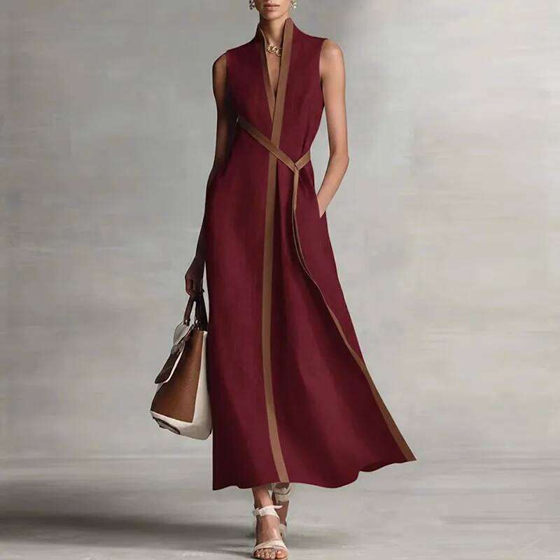 Elegant Contrast Striped Print Party Womens Spring Chic V Neck A-Line Long Dresses Summer Sleeveless Vacation Maxi Dress WONST