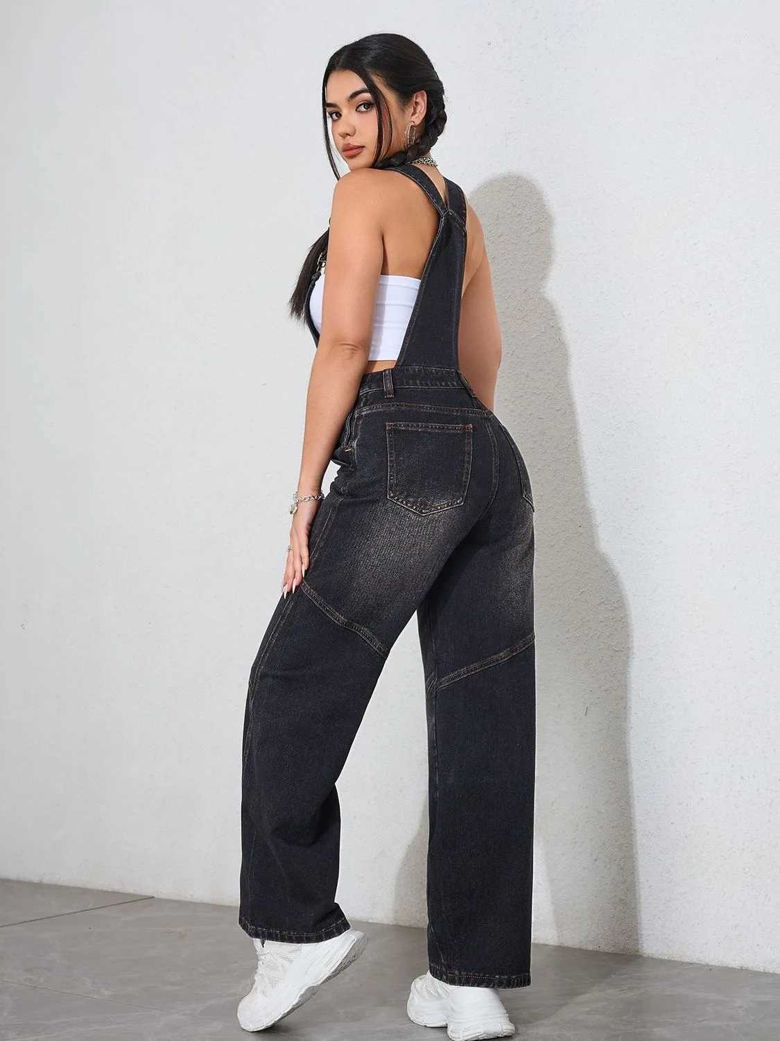 Womens Vintage Black Denim Jumpsuit Wide Leg Overalls Loose Fit Spring Fall Casual Romper Fashion Oversized Staple Bib Pants M260323