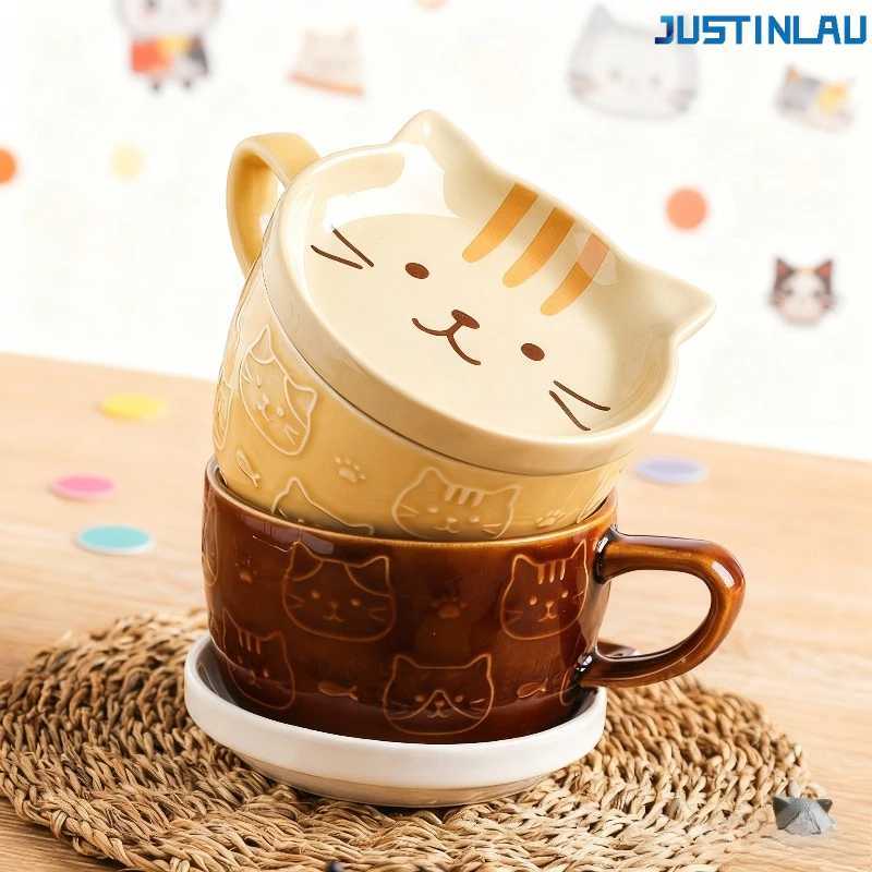 Cute Cartoon Cat Ceramic Mug Lid Creative Household Tableware Breakfast Milk Cup Breakfast Mug Water Cup Ceramic Mug coffee cup H260323