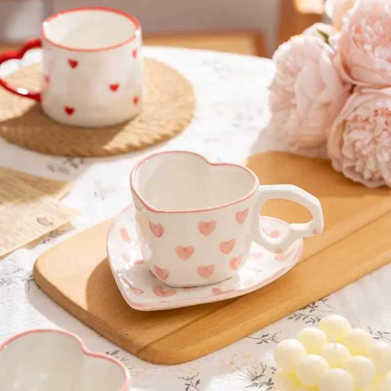 Creative Cute Girl Water Cup Small Fresh Hand-painted Pink Love Coffee Cup Saucer Underglaze Peach Heart Ceramic Cup Saucer H260323