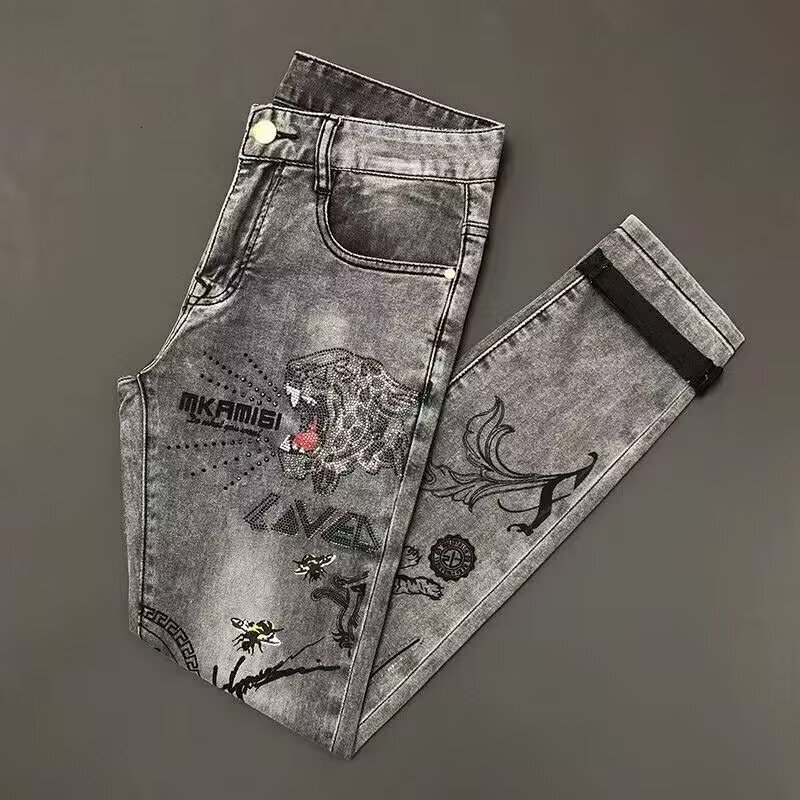 Designer Jeans Luxury Men's Trendy Brand Heavy Industry Tiger Printed Hot Diamond Grey Pants Street Fashion Essential Youth Casual Sports Loose S