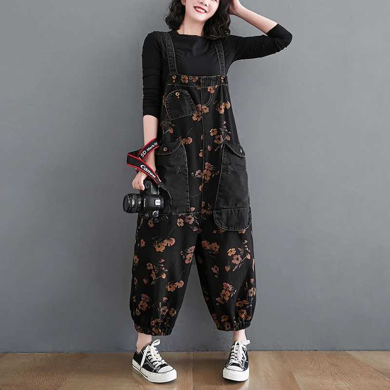 Loose Jeans Black Jumpsuit Women Casual Oversized Baggy Cargo Pants Big Pockets Print Floral Denim Overalls Straps Jean Rompers M260323