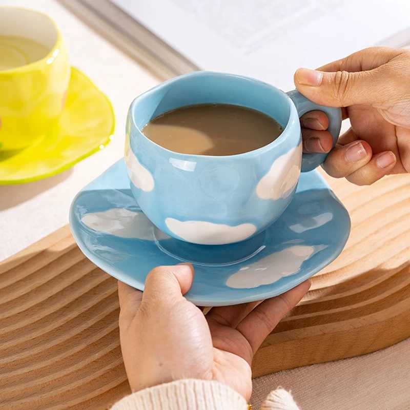 Handmade Creative Ceramic Mugs Cloud Coffee Cup Plate Set Afternoon Tea Latte Cup Irregular Flower Milk mug Korean Style Mugs H260323