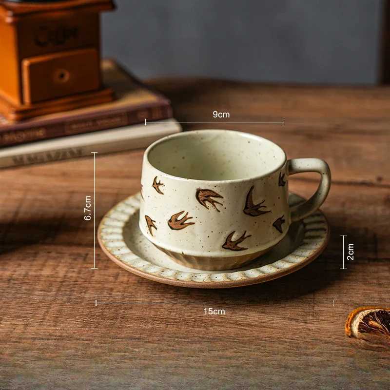 High-class Sense of Retro Coffee Cups and Saucers Set of Creative Rough Pottery Flower Cups Household High-grade Exquisite Mugs H260323