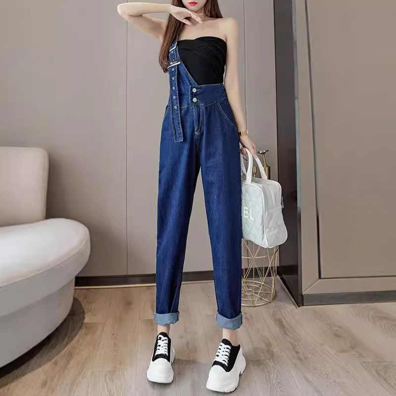 Spring Designer Pants And Autumn New Fashion Casual High-waisted Slimming One-shoulder Two-button Youthful Denim Overalls For Women
