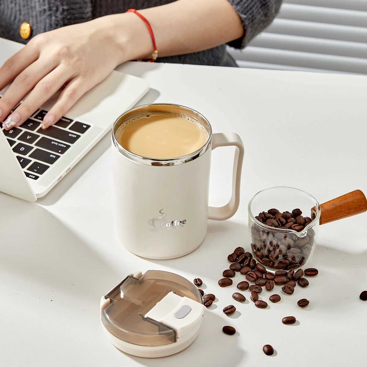 Double-layer Insulated Coffee Mug With StrainerSpoon Large Capacity Portable 304 Stainless Steel Drinking Cup Milk Coffee Cup N D260323