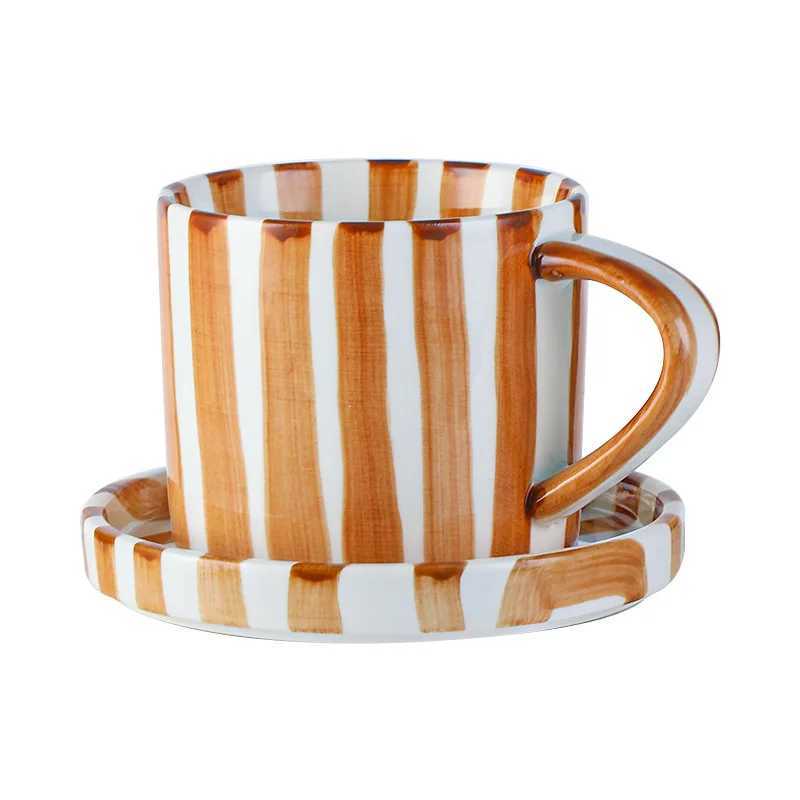 Simple Striped Ceramic Teacup Hotel Caf Porcelain Coffee Cup 280ml Office Mug Breakfast Bread Dessert Mug Gift Table Decoration H260323