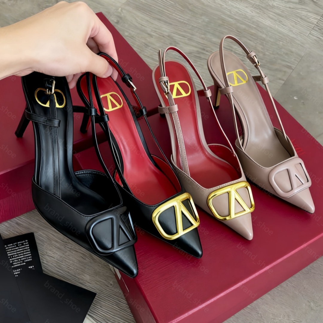 Designer Women Sandals Brand heels Sandals v metal buckle Pointed Toe heels Sandals Stiletto 6cm 8cm 10cm Genuine Leather heels Woman Pumps with Dust Bag