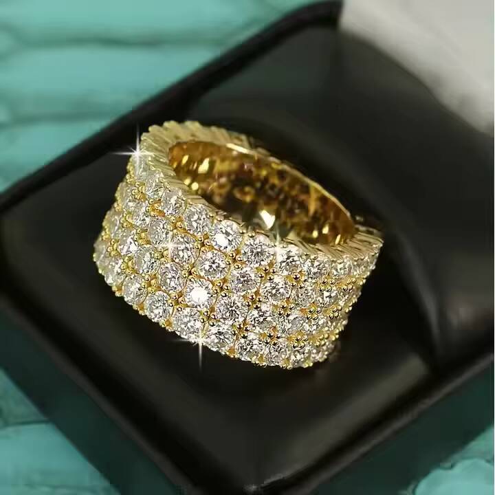 Four Row Lab Created Moissanite Cluster Signet Ring Trendy Stainless Steel IGI Certified Fashion Jewelry Unique Design for Gift