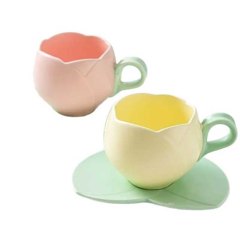 Tulip-Shaped Ceramic Coffee Cup Saucer Set with Leaf Coaster 100ml Elegant Espresso Tea Cups Aesthetic and Practical H260323