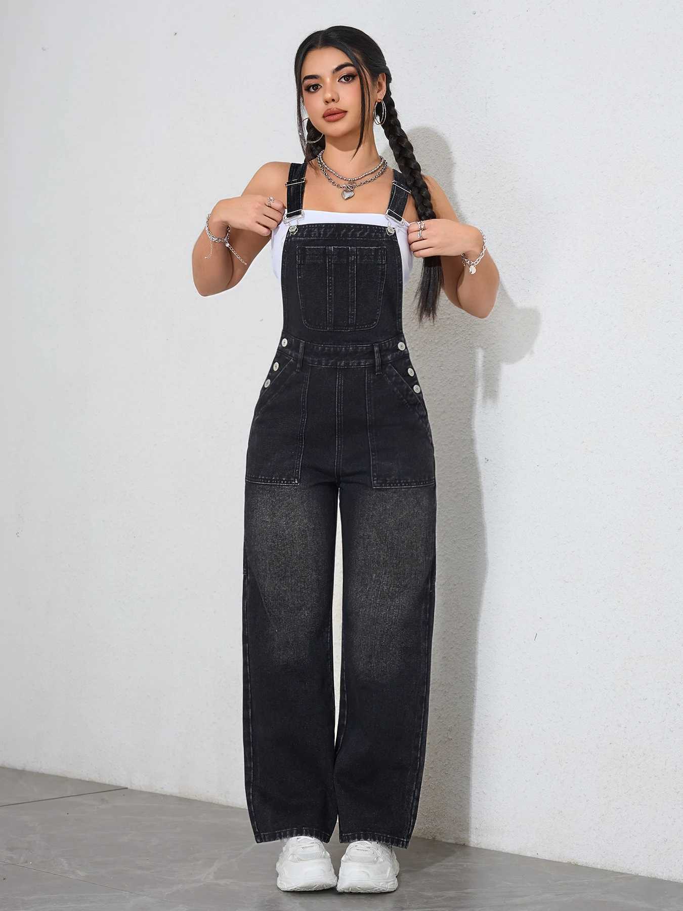 2025 Vintage Washed Womens Denim Overalls - Adjustable Straps Wide Leg Dungaree Jumpsuit Casual Workwear Romper Outfit M260323