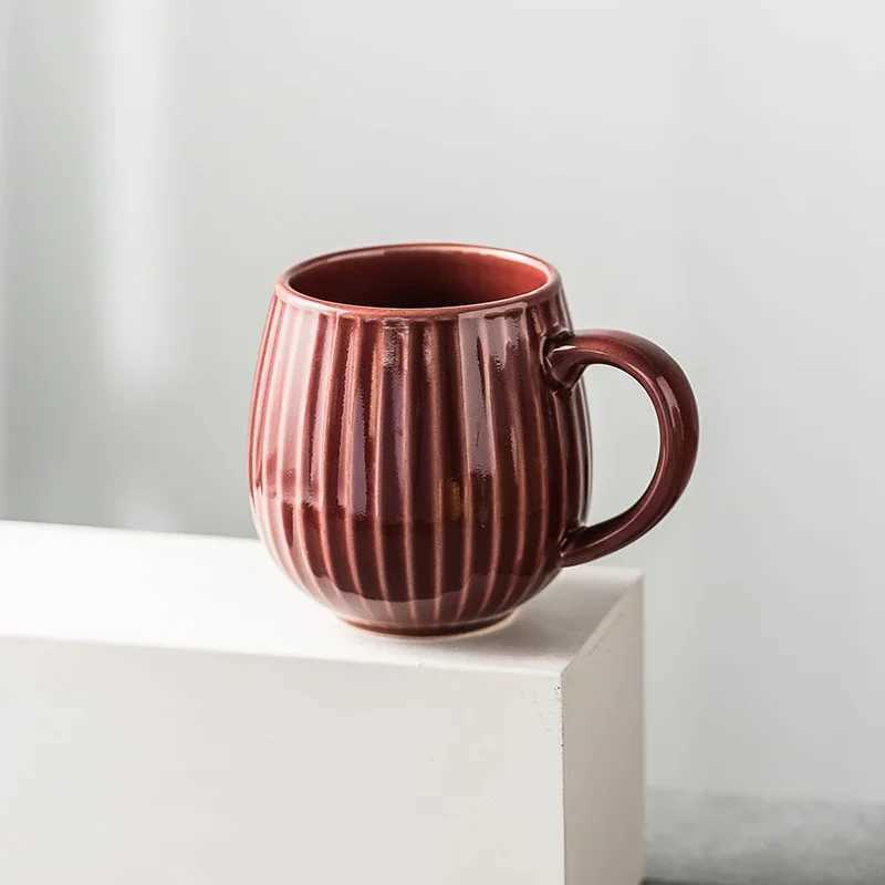 Glaze Kiln-Creative Vertical Pattern Water Mug with Handle Coffee Cup Large Capacity Ceramic Retro Japanese Style Milk Mug H260323