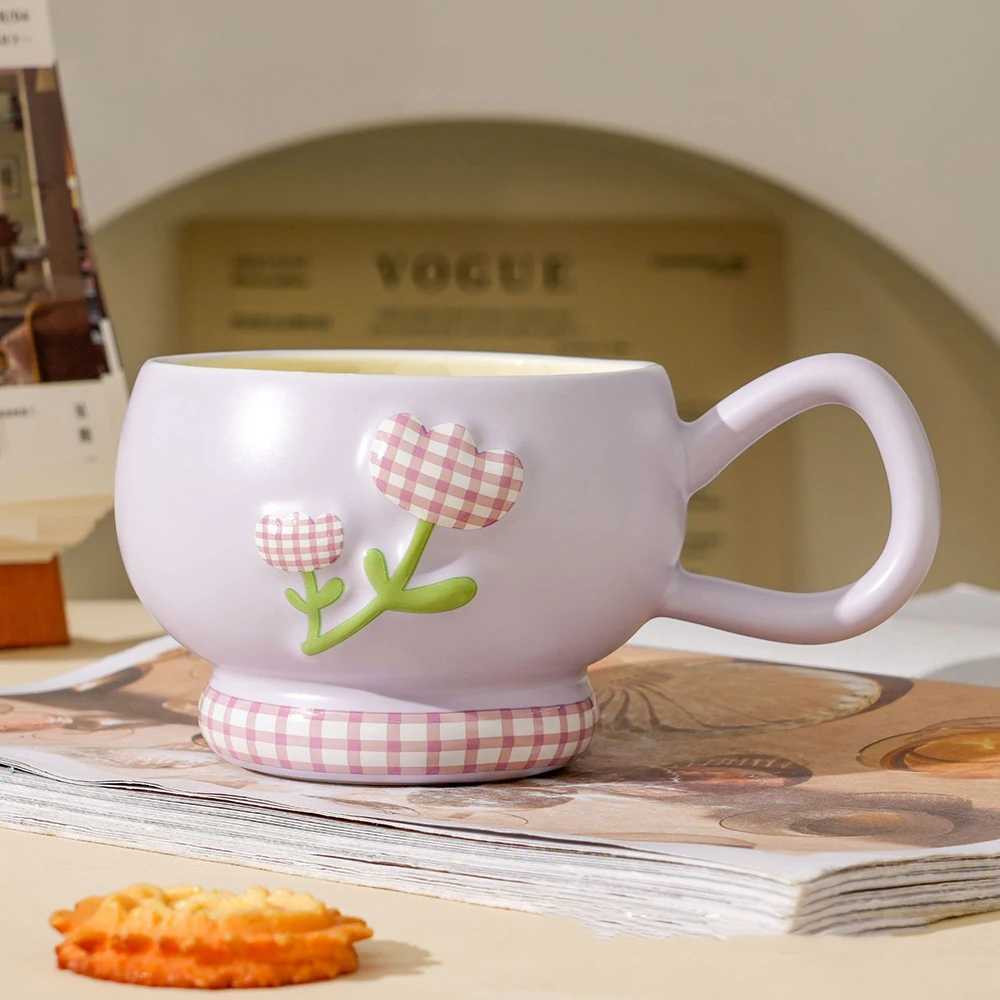 Tulip Relief Ceramic Mug Cartoon Design Cup Colorful Gingham Drinkware Adorable Style Minimalist Tableware For Home Use H260323