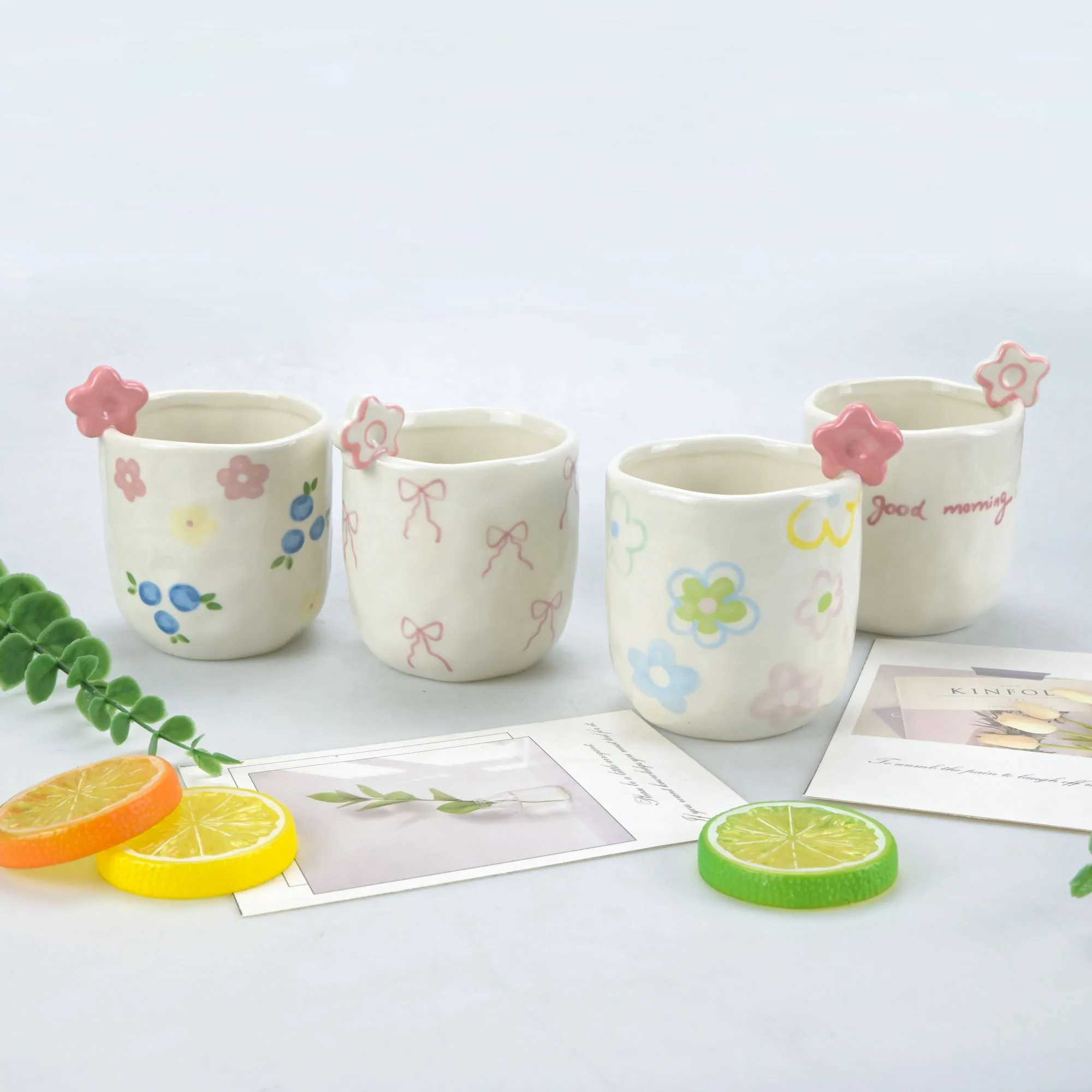 1pcs Cute flower cup hand-painted bow watercolor flower hand squeezed irregular ceramic coffee cup H260323
