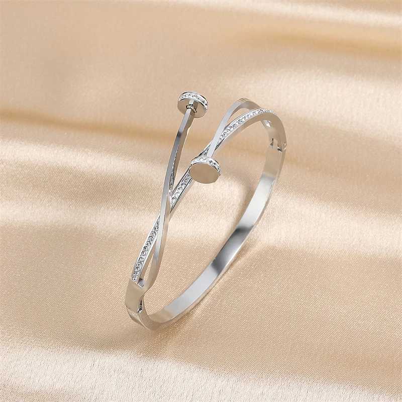 Unique Luxury Double Zircon Head Cross Stainless Steel Bangle For Women Wedding Gift Jewelry H260323 - view 5