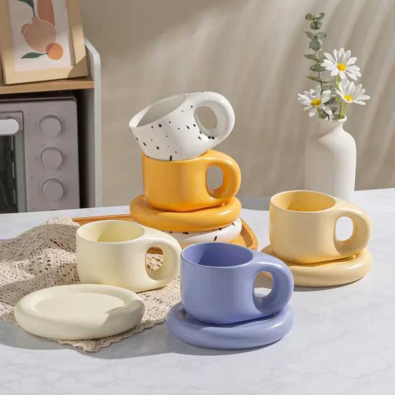 1set 400ml Ceramic Coffee Chubby Mug Saucer Set Creative Cute Fat Handle Cup With Saucer For Office And Home Room Decor H260323